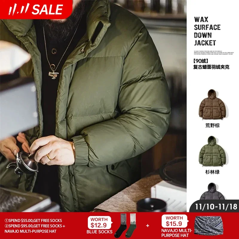 Maden Winter Wax Surface Down Jacket for Men Removable Hooded Thickened Warm Stand-up Collar Coat Men's Padded Outer Clothing