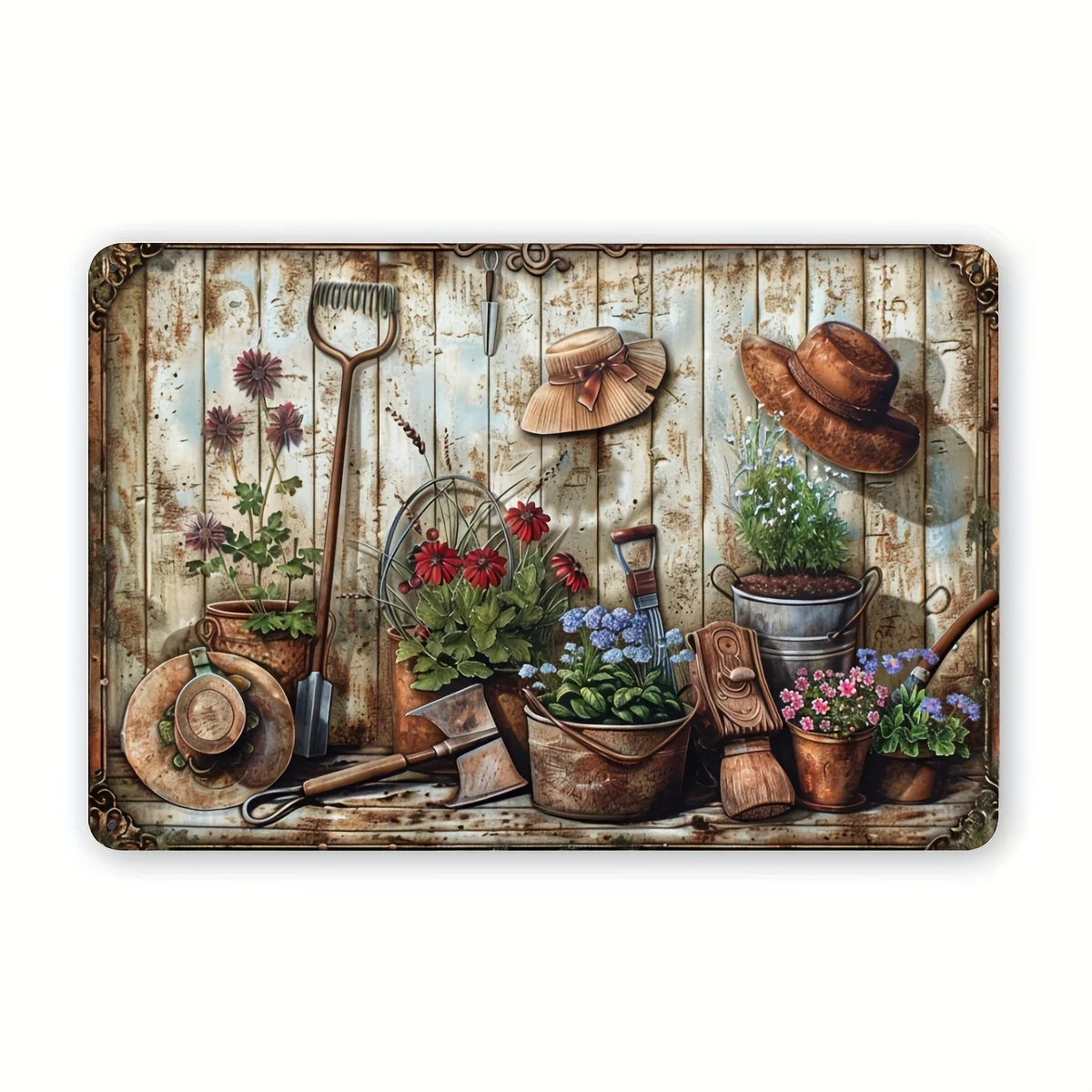 2D Flat Retro Floral Metal Wall Decor - 12X8 Inches Country-Style Garden Decoration Featuring Flowers, Buckets, Hats, And Tools,
