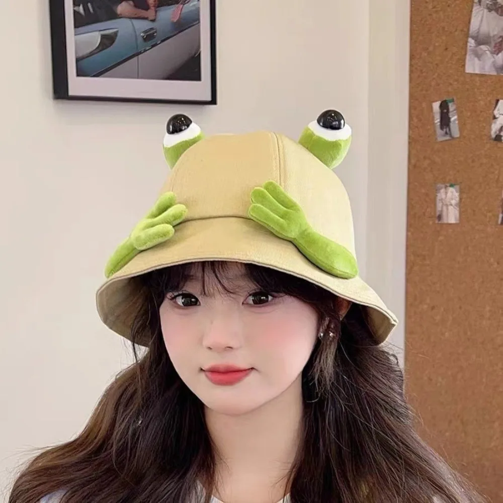 Cute Design Big Eyes Frog Bucket Hats Cotton Material Foldable Wild Panama Hats Wild Style Big Eyes Pattern