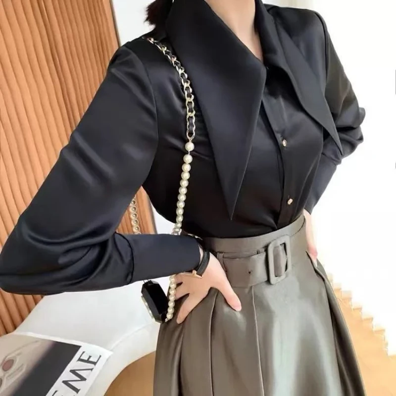 French High-end Polo-Neck Spring Women\'s Clothing Solid Color Long Sleeve Single-breasted Loose Fashion Causal Commute Shirt