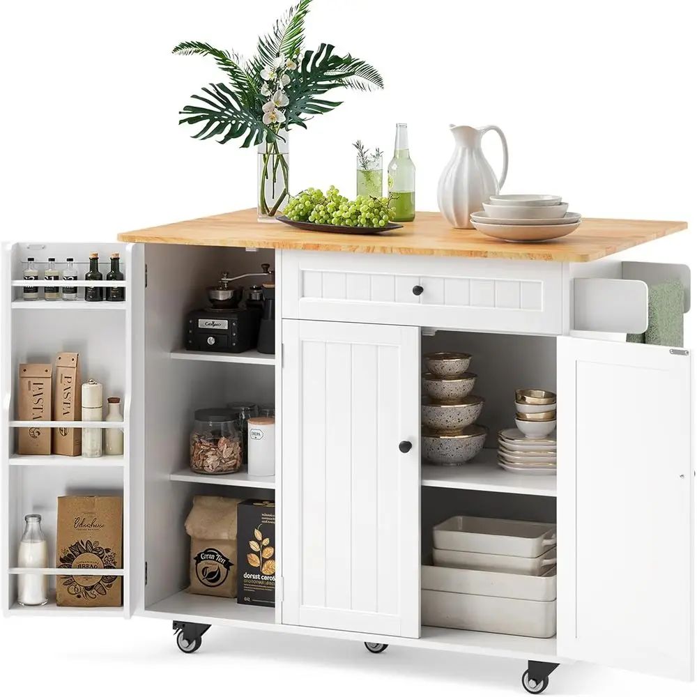 White Kitchen Island with 5 Wheels, Storage Rack, Spicy Rack, Towel Bar, Ample Countertop and Storage Space