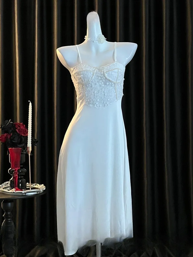 

Satin Halter Long Nightdress,French Style Lace Trim Sleepwear Women,Slimming Comfortable Sexy Pajama Dress,Backless Deep