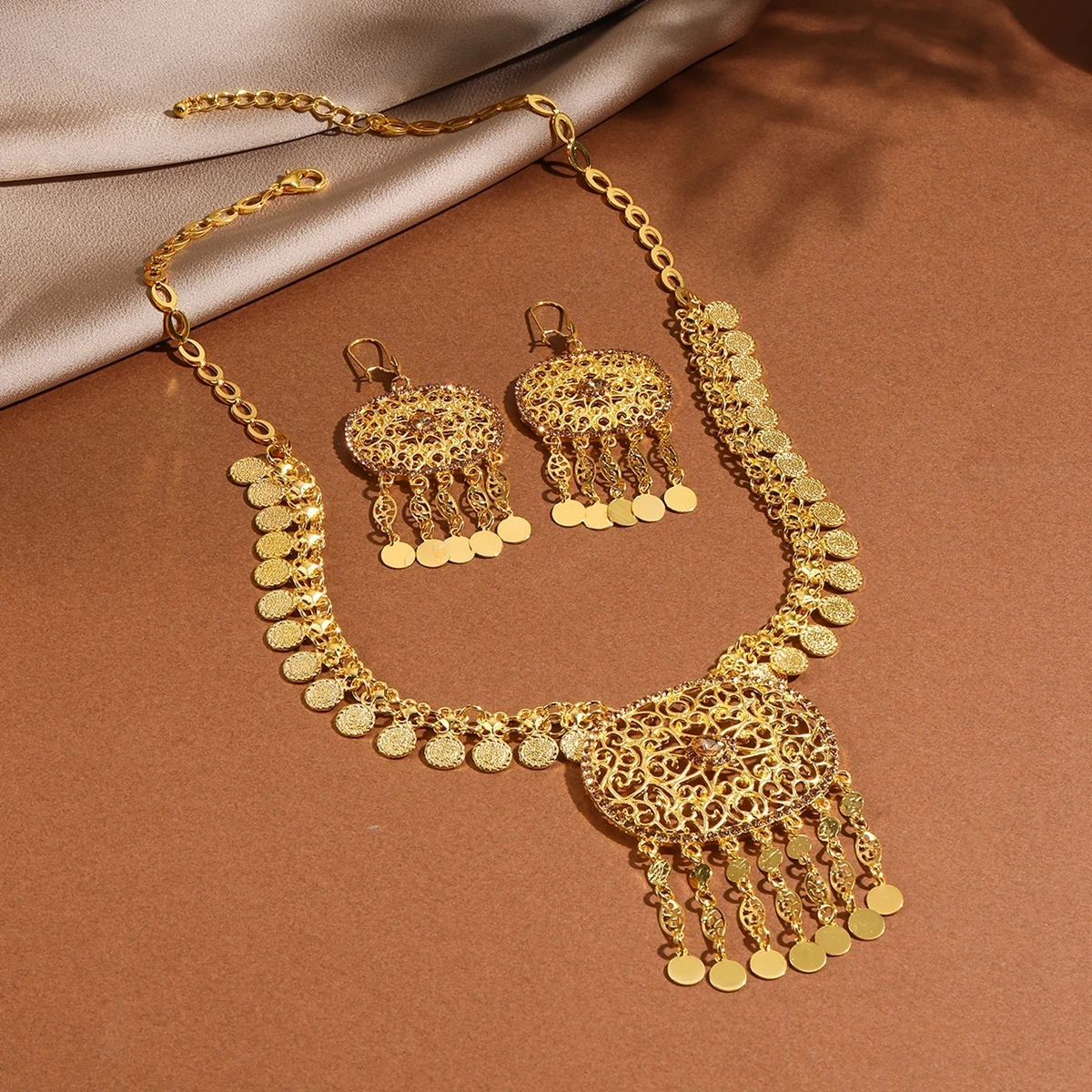 Afghan Fashion Golden Geometric Hollow Carving Rhinestone Coins Tassel Necklaces Earrings Women Kurdish Statement Jewelry Set