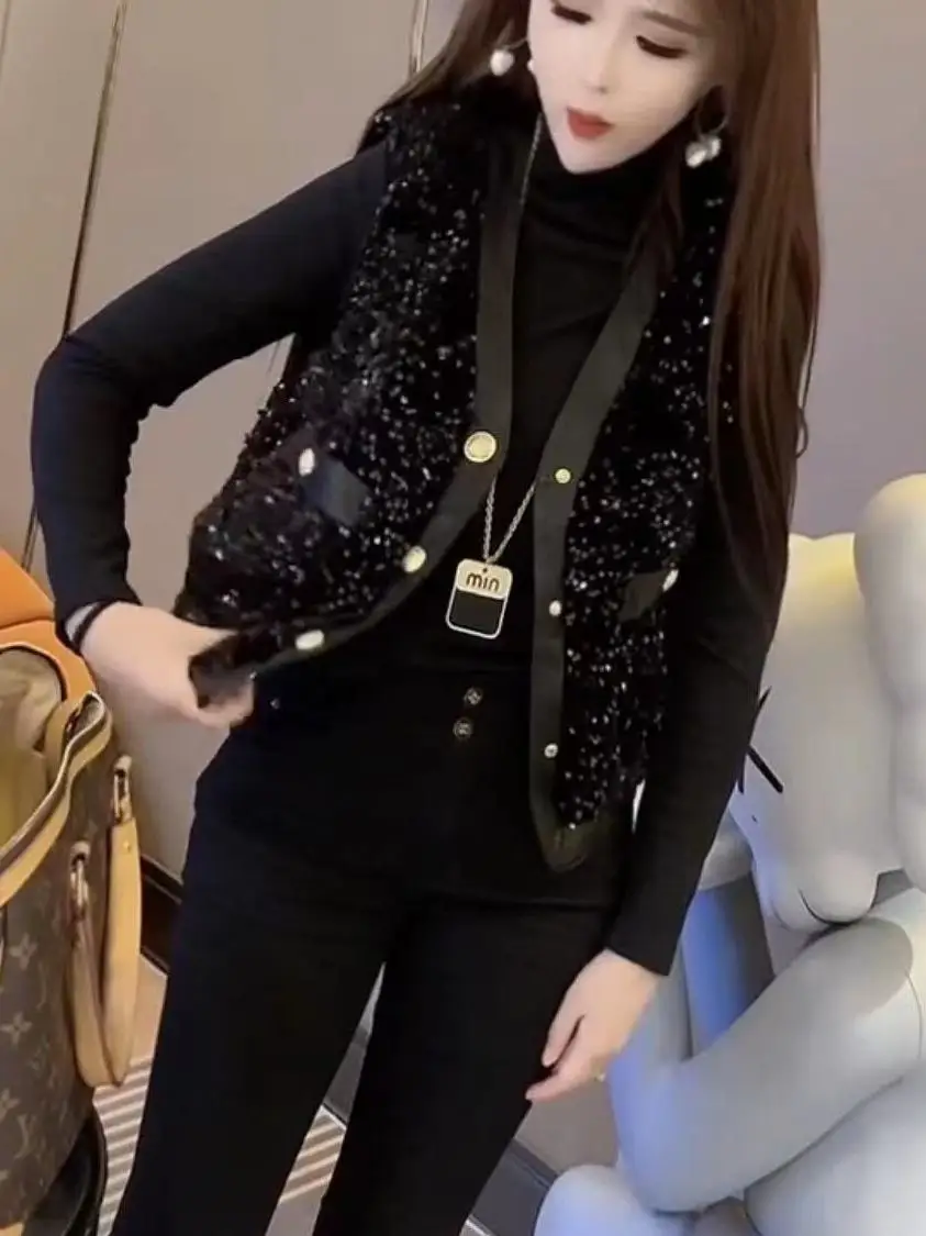 

Women's ort Embroidered Velvet Jaet Sparkling Sequin Vest Commute Sle Regular Thin V-Ne Single Button Closure