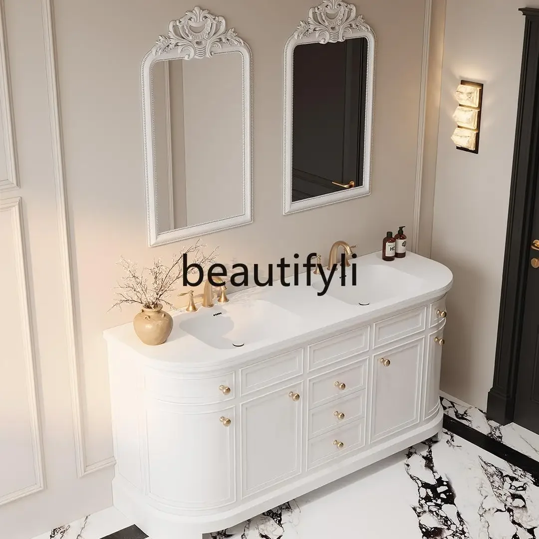 

FGRetro style integrated basin rubber wood smart bathroom cabinet combination