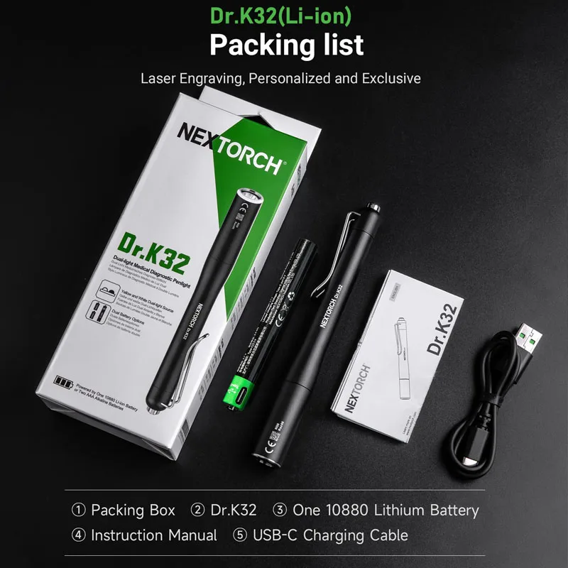 Nextorch Dr.K32 Professional Medical/Doctor Penlight, White/Yellow Dual Lights, RG0(Risk Exempted),Type-C Rechargeable