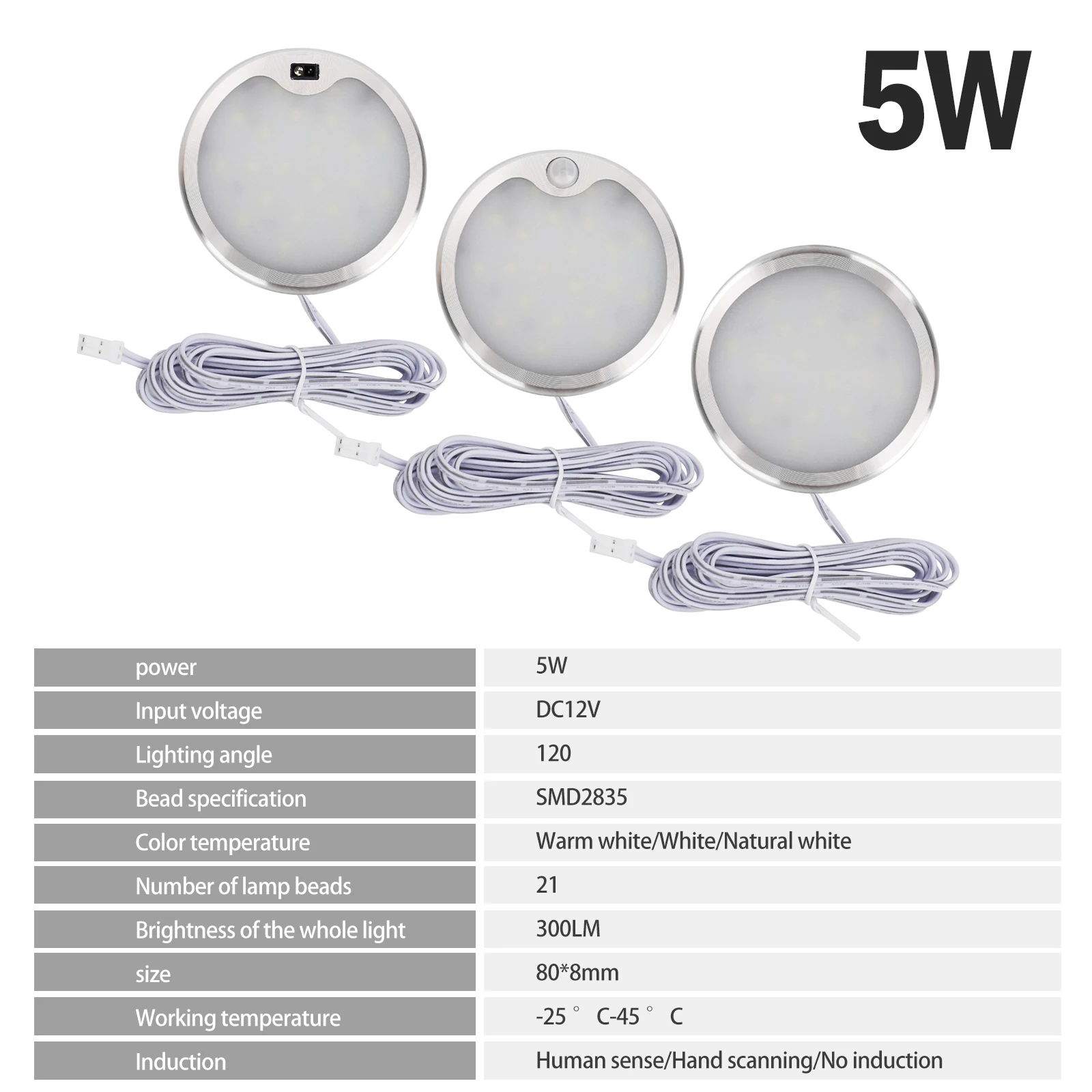Ultra Thin Kitchen Cabinet Ceiling Light DC 12V 5W PIR Motion Sensor Wave Hand Dimmable Round Spot Lamp 3000K 4000K 6000K White
