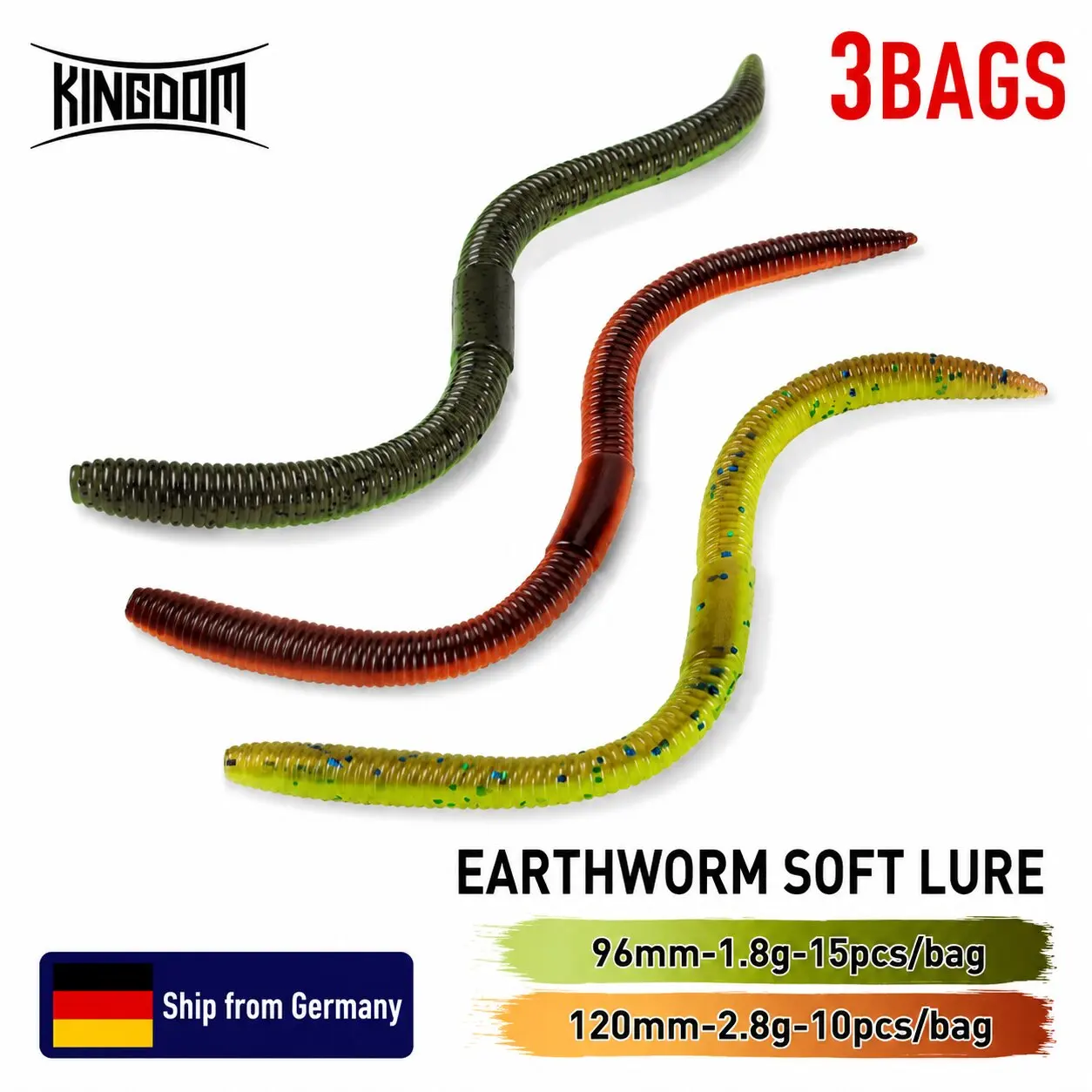 KINGDOM 3BAGS Ensemble de leurres souples en forme de vers de terre 96mm 1.8g et 120mm 2.8g, appâts coulants en forme de ver, 15 pièces/10 pièces, vers artificiels en plastique pour la pêche au bar, à la truite et en eau douce