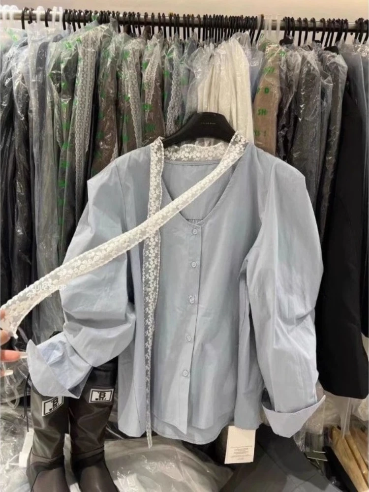 

Shirts & Blouses Lace V-neck Single Breasted Blouses 2025 Early Autumn New Black Blouses Y2k Loose Long Sleeve Blusas Mujer