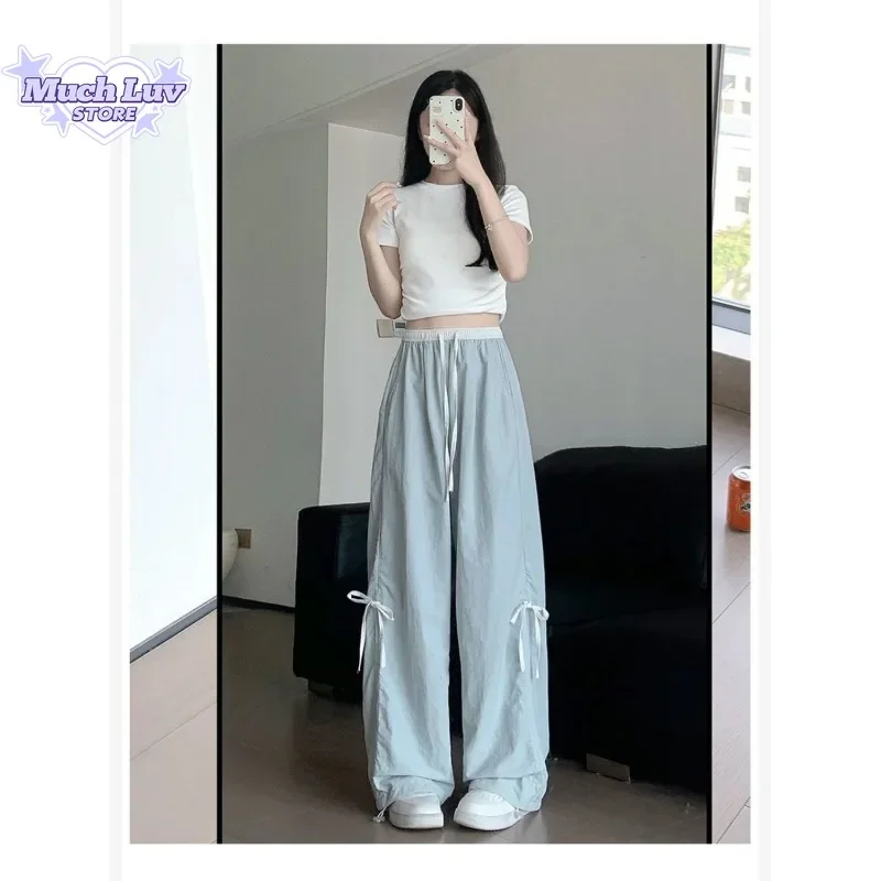 Bow Tie Wide Leg Pants for Women Summer Thin High Waisted Loose and Slimming Casual Quick Drying Workwear Pants Ins Harajuku