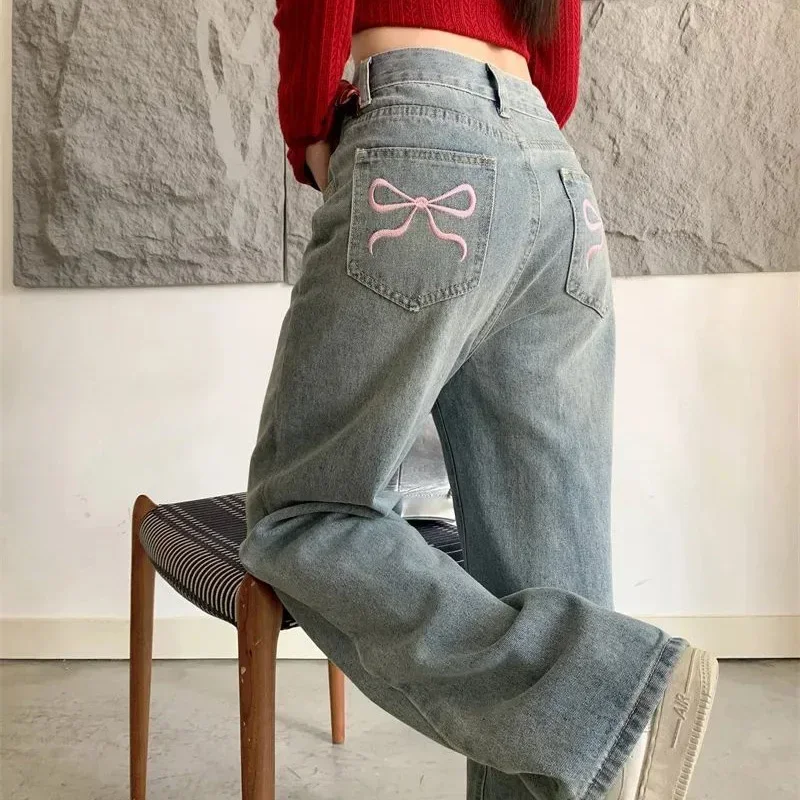 

Hot Sale Girls High Waisted Straight Leg Denim Pants Classic Retro Lady Slim Jeans Pants Female Korean Designer Jeans Trousers