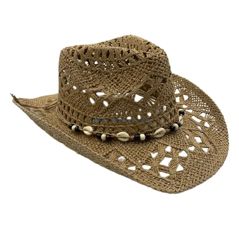 97QE Cappello paglia alla a larga con decorazioni conchiglie per accessori per festival musicali unisex per e