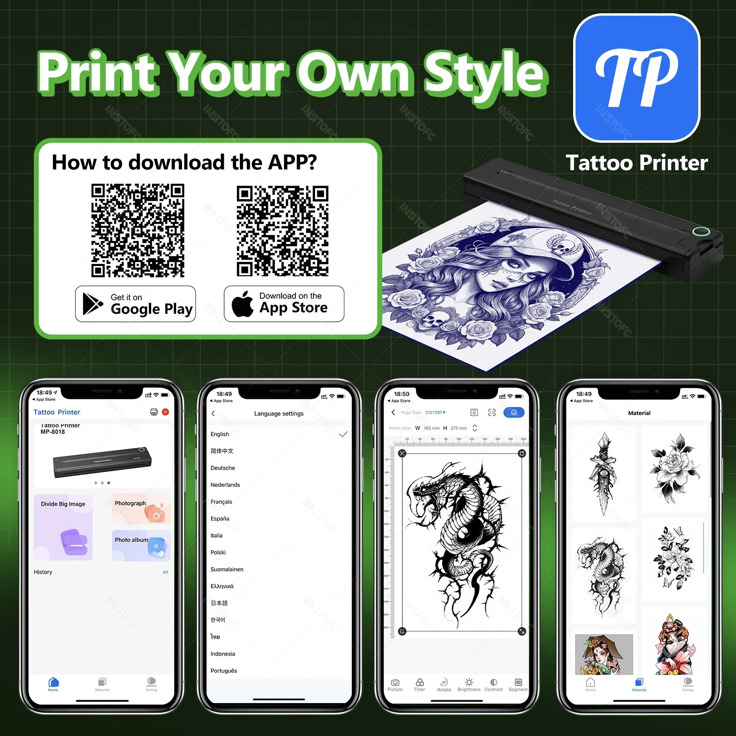 Wireless Bluetooth Built-in Battery A4 Tattoo Template Transfer Machine Portable ​Thermal Template Printer Thermal Copier Papers