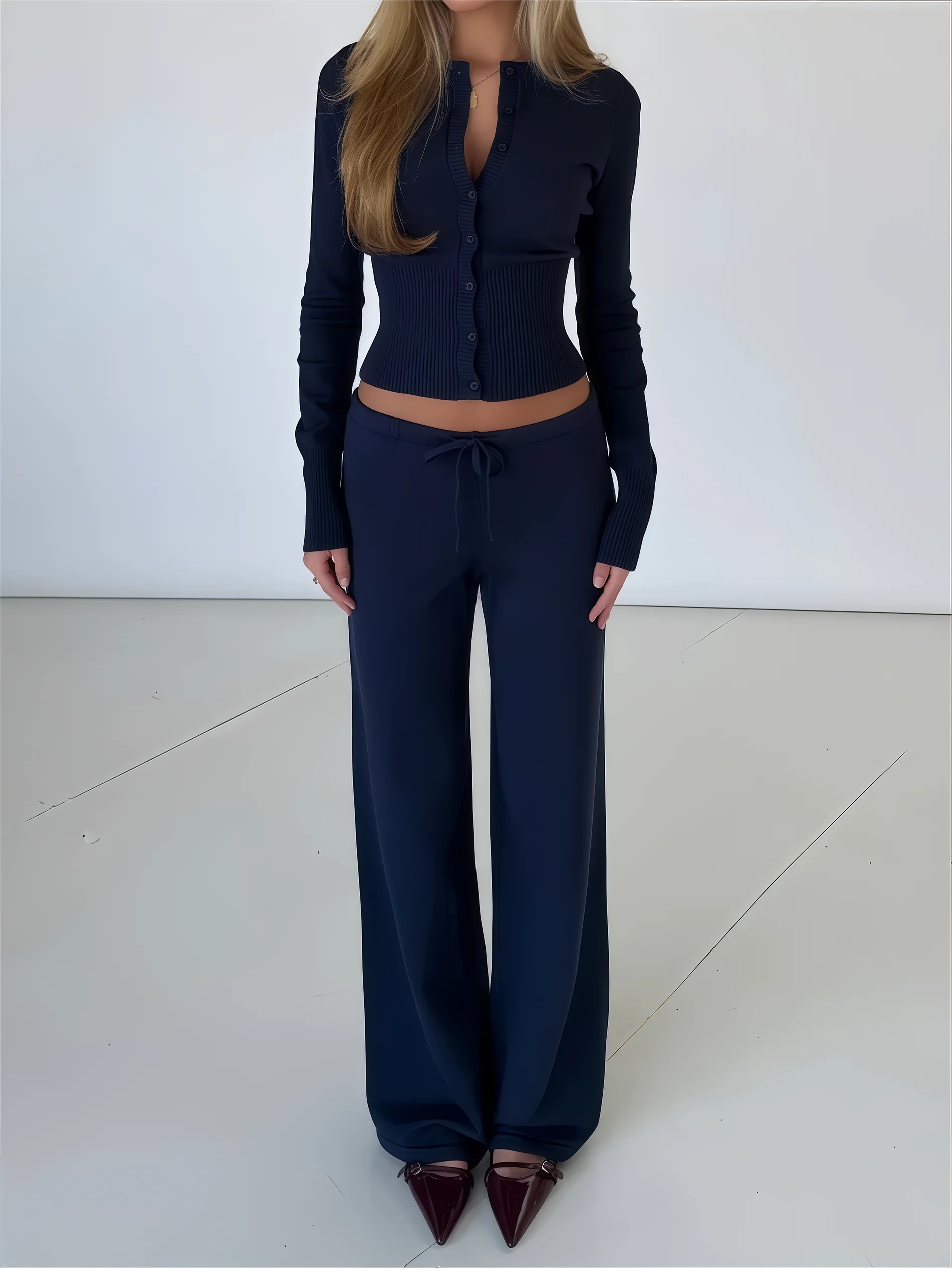 

Absobe Зимний женский вязаный кардиган, свитер, топ, комплект, брюки с длинным рукавом и низкой талией, комплект из 2 предметов, мягкий однотонный модный повседневный наряд