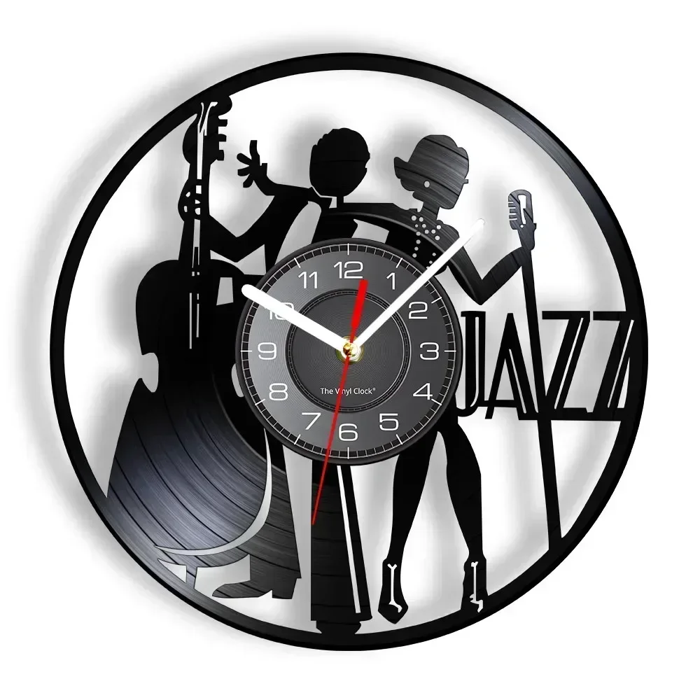 Jazz Band Singer Performance  Art Music Room Wall Decor Wall Clock Double Bass Jazz Gifts Vinyl Record Vintage Wall Clock