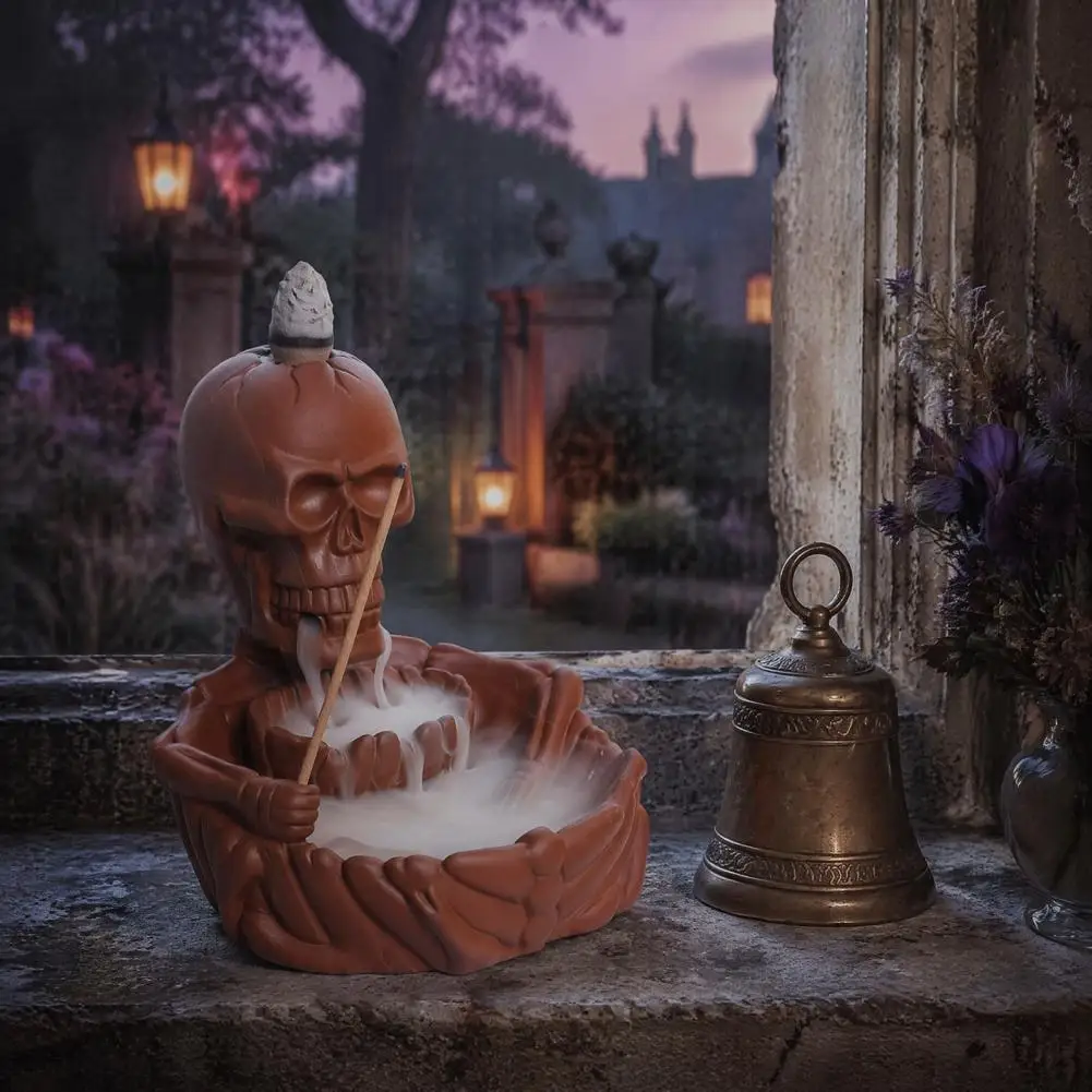 Smoke Waterfall Skeleton Incense Burner Backflow Waterfall Skull Cone Holder Halloween Home Decor Meditation Accessory Incense