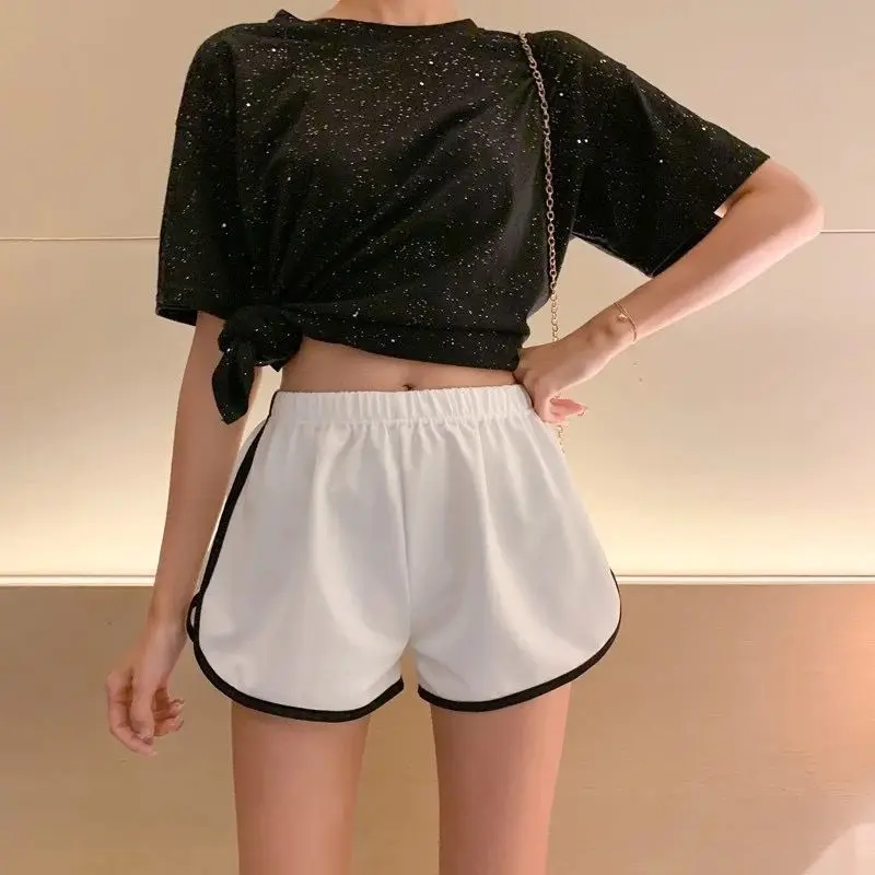 Summer New Striped Patchwork Casual Shorts Elastic Waist Solid Irregular All-match Youth Shorts Vintage Fashion Women Clothing