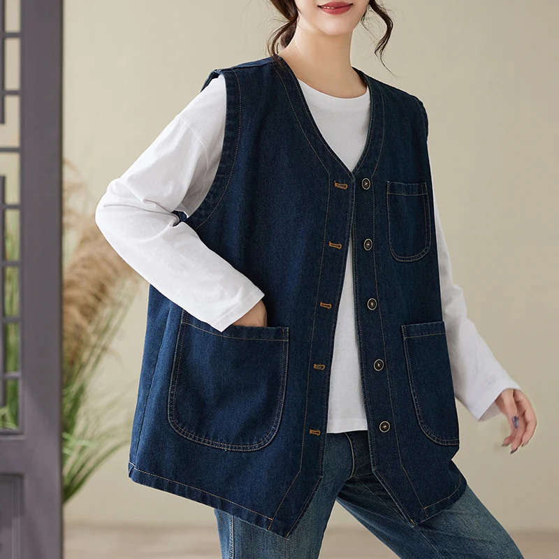 Rompi Denim Kasual Longgar Ukuran Besar Pakaian Kerja Multi-kantong Gaya Jepang Retro untuk Wanita Bentuk Tubuh Pear