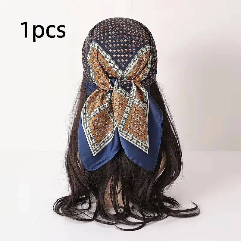 

Retro Geometric Silk Scarf Navy Blue 70x70 Cm Lightweight Square Fashion Accessory for Everyday Styling