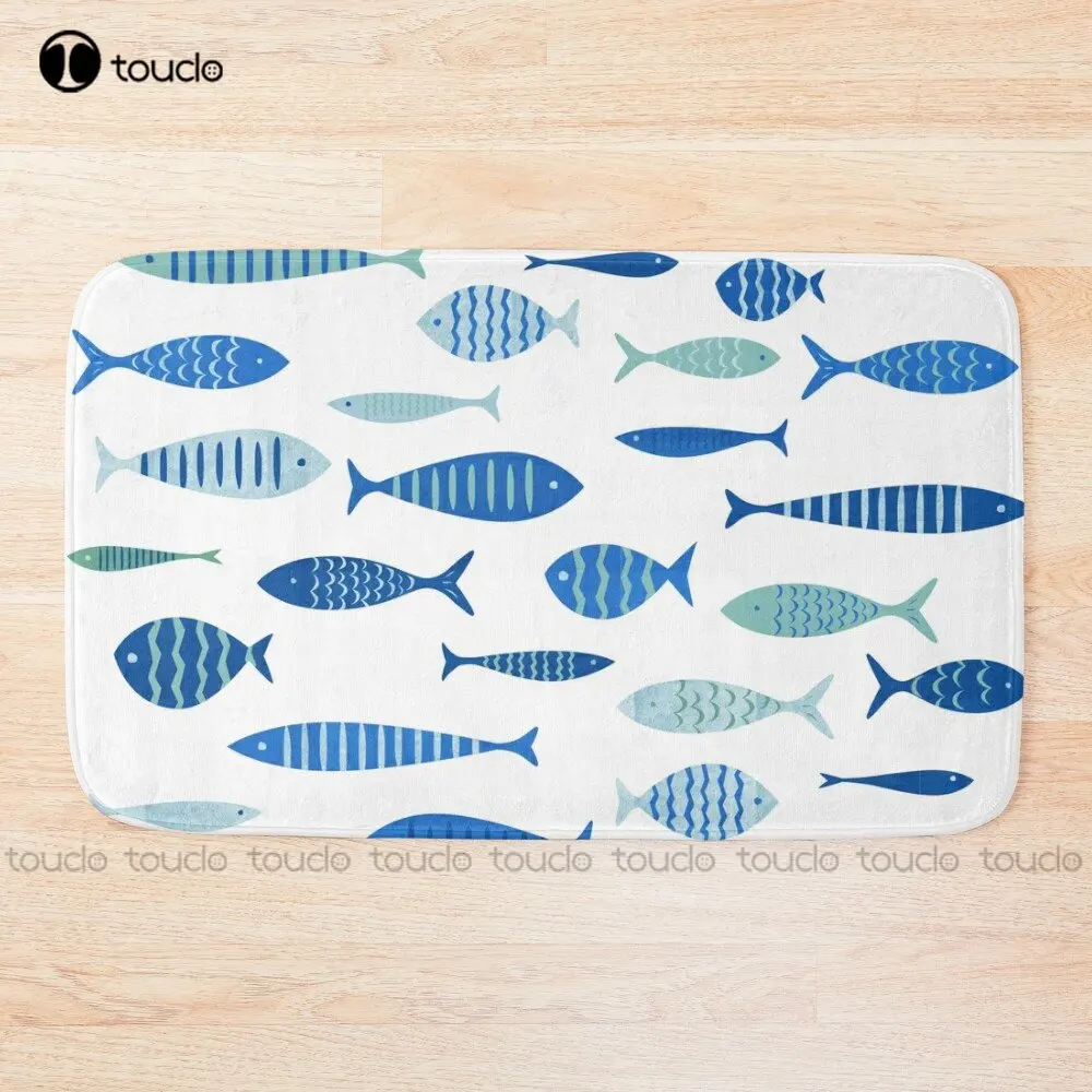 Mid Century Modern Blue Fish Fishing Mcm Mid Mod Bath Mat Bath Rugs For Bedroom