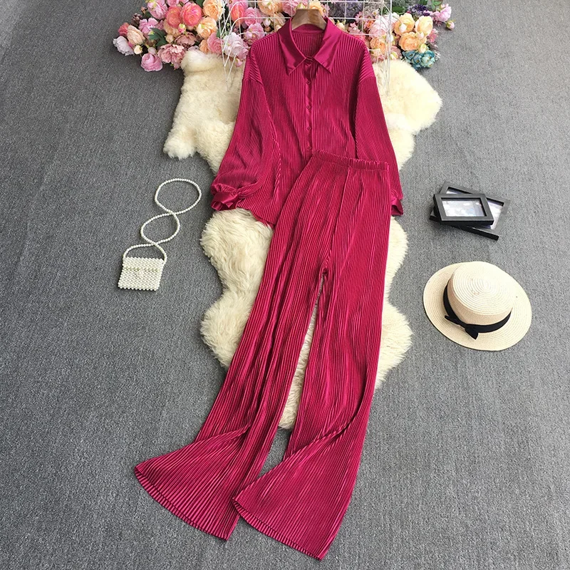 Spring Summer Women Solid Pants Two Piece Set Long Sleeved Draped Shirt Tops + High Waist Wide Leg Pants Suit Korean Y2k Clothes