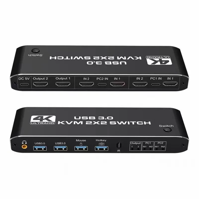 

KVM-переключатель 2x2 HDMI 2.0b 4K@60Hz HDCP2.2 для двух мониторов, USB3.0, для совместного использования 2 компьютеров на 2 мониторах, клавиатуре и мыши, из алюминиевого сплава