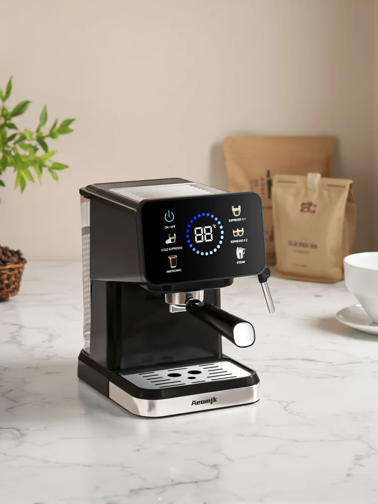Halbautomatische Espressomaschine 220V mit 1,5-Liter-Wassertank für den Heimgebrauch. Touchscreen-Steuerung für Heiß- und Kaltbrühen, integrierter Milchaufschäumer. Espressomaschine funktioniert als