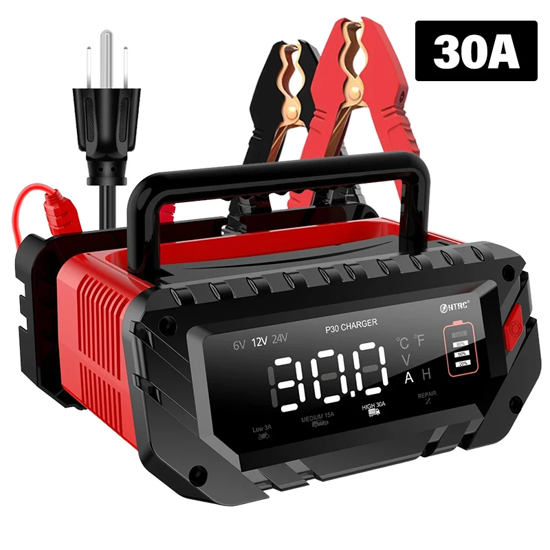 12V/30A 24V/16A inteligentna ładowarka samochodowa 6V/10A do naprawy akumulatorów motocyklowych Auto kwasowo-ołowiowy AGM żel litowo LiFePo4 baterie