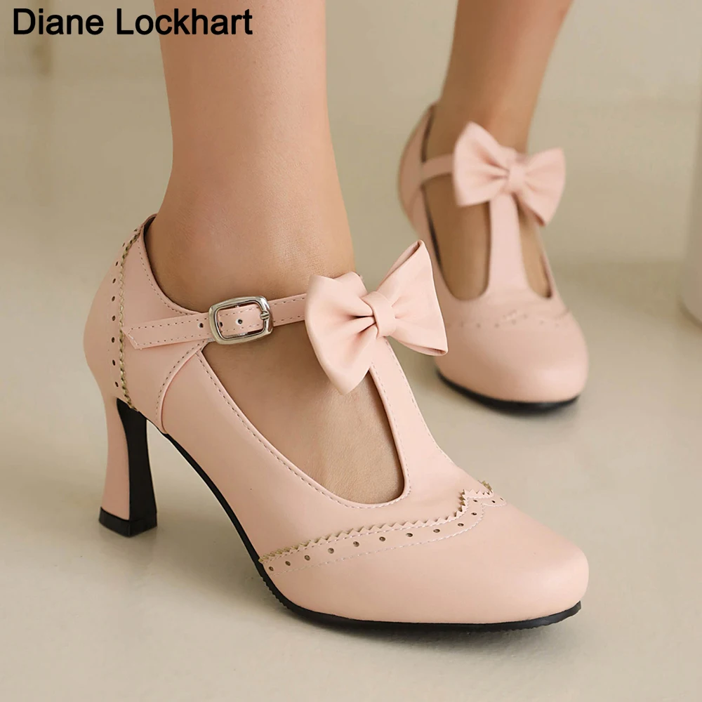 Vintage T-Strap Heels for Women Mary Jane Pumps 8cm Wedding Bridal Shoes Elegant Women\'s Sweet Bow High Heels chaussures femme