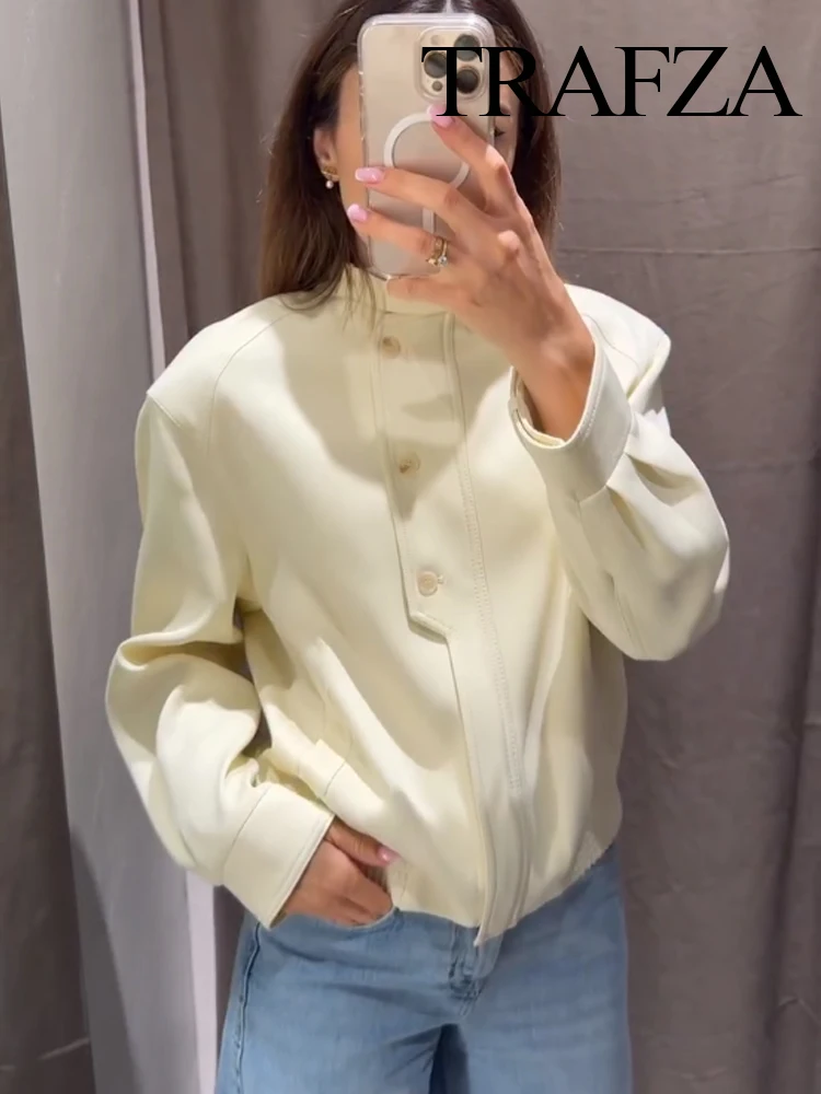 

TRAFZA Women 2-Piece Set Chic Button Pocket Zipper Design Long Sleeve Casual Jacket+Fashion Beige High Waist Wrinkled Pants Suit