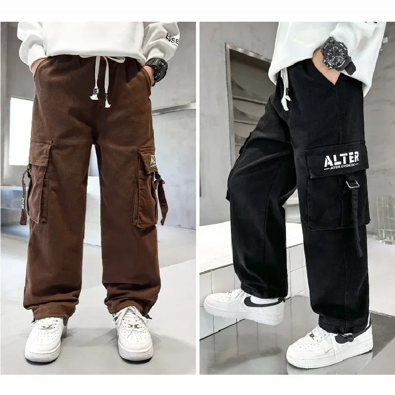 

Kids Joggers Cargo Pants Boys Casual Overalls Pants Teenage Straight Trousers High Waist Vintage Streetwear Baggy Long Boy Pants