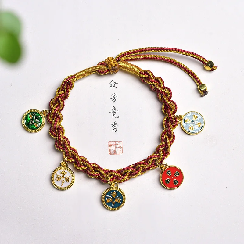 

Tibetan Five Paths God of Wealth Hand Rope Dragon Boat Festival Colorful Rope Handmade Weaving Couple Style Red Rope