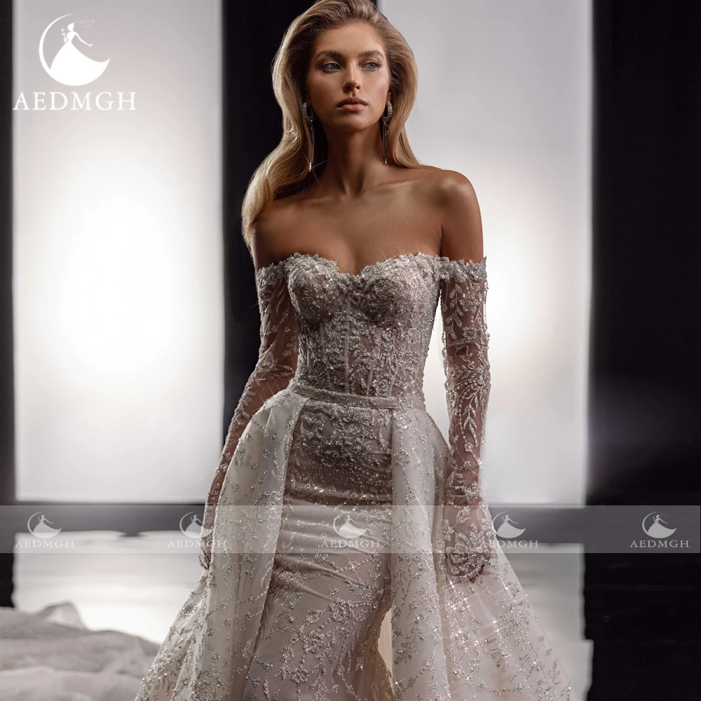 Suknie ślubne Aedmgh Mermaid 2024, Sweetheart Off The Shoulder Vestido De Novia, koronkowy haft, odpinany tren Robe De Mariee