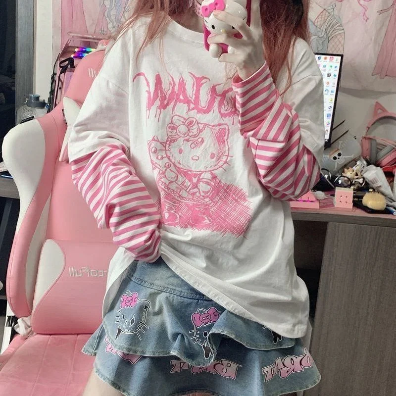 

Sanrio Hello Kitty T Shirt Women Spring Autumn Fake Two Striped Long Sleeve T-shirt Y2k Harajuku Print Clothes Loose Student Top