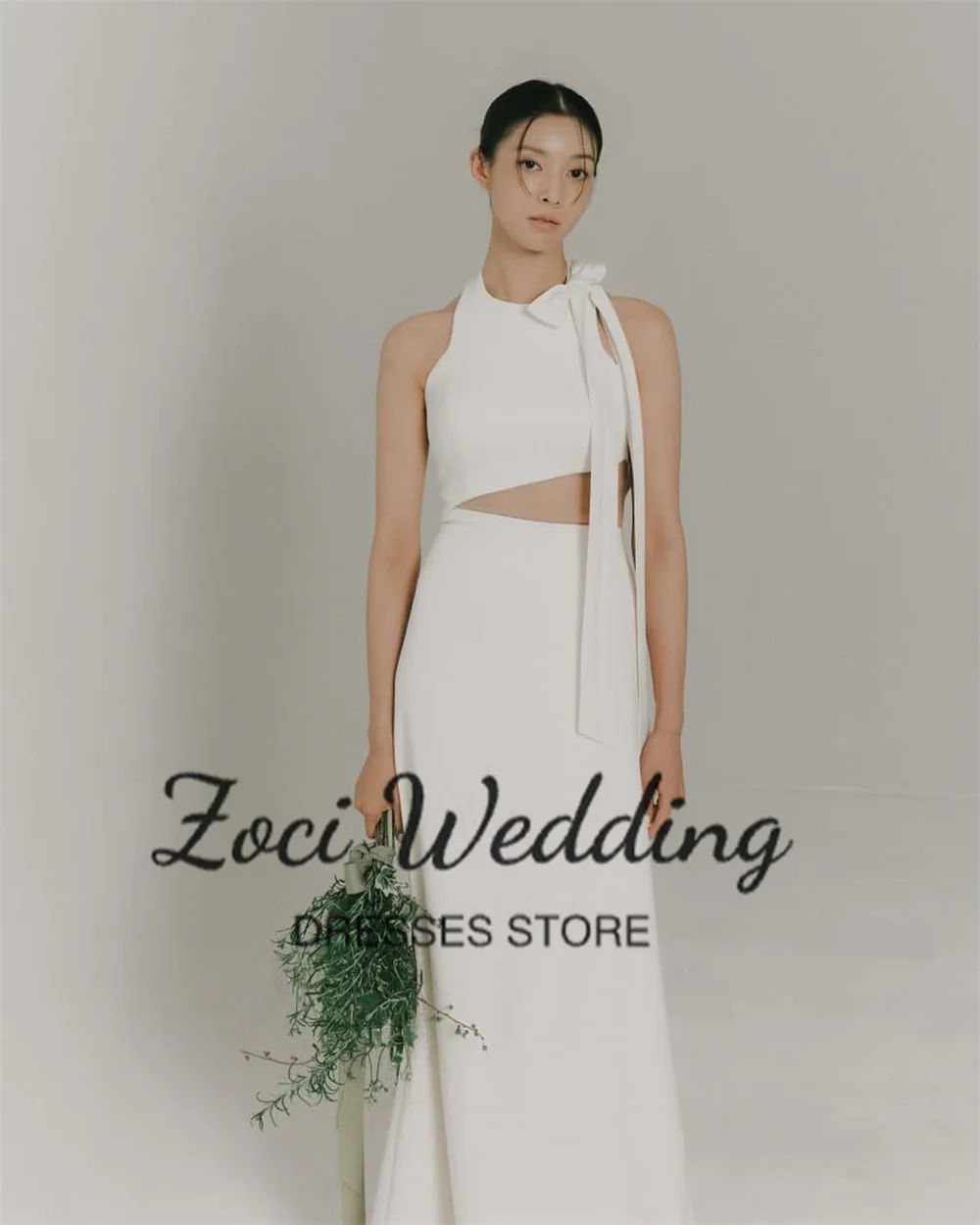 Zoci Simple Cut Out Korea Wedding Dresses Customized Sleeveless Straps Bow Bride Photos Shoot Dress Floor Length Bridal Gown