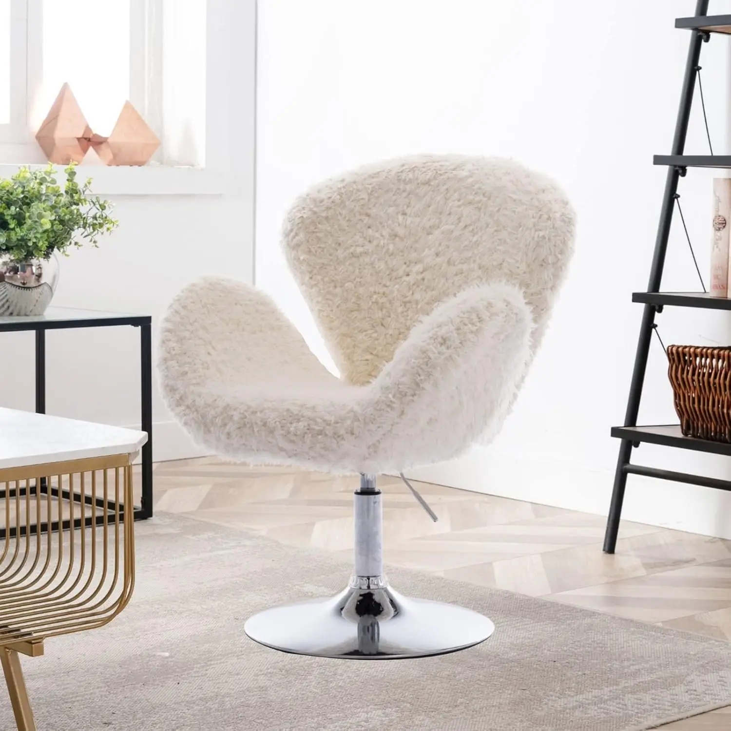 Stylish Curly Fur White Vanity Chair Height Adjustable Swivel Makeup seat Chrome Base-Reception Hall Dressing Room Furniture