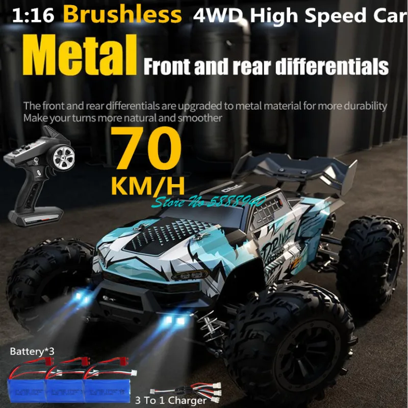 

1:16 Brushless 70KM/H High Speed Drift RC Car 2.4G 150M Waterproof LED Lighting 4WD Simulation Electric Remote Control Truck Car