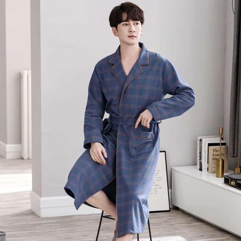 Casual Plaid Men Long Nightgown Kimono Bathrobe Gown Cotton V-neck Intimate Lingerie Long Sleeve Spa Robes Sleepwear For Male