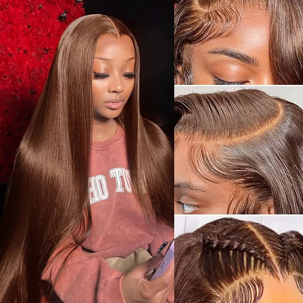 

#4 46 Inches Chocolate Brown Straight 13x6 Lace Frontal Wig #4 Colored Pre Plucked 200 Density Human Hair Wigs For Women