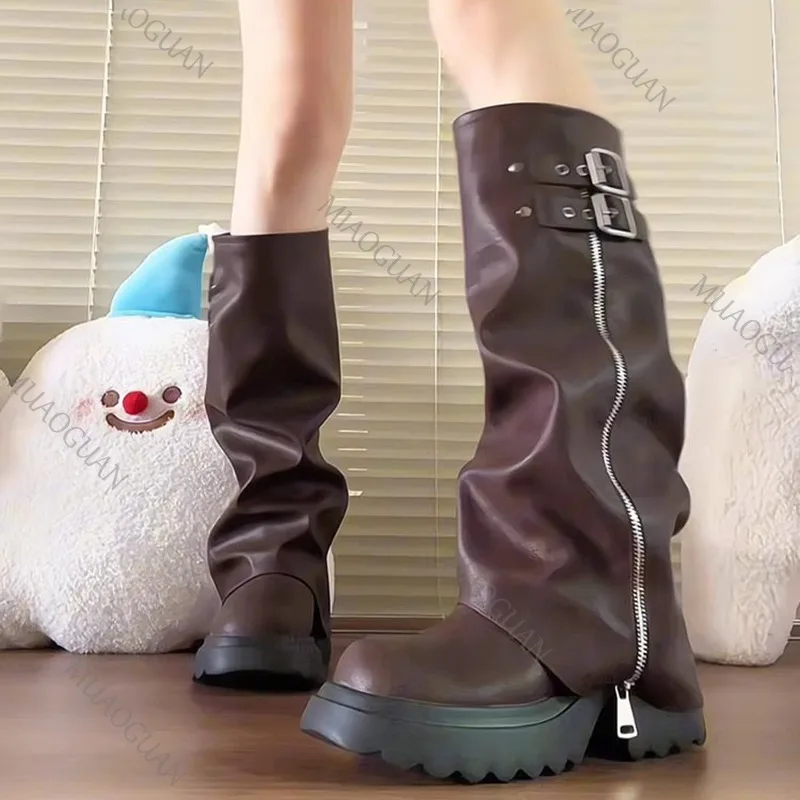 فاسق نمط الربط سميكة القاع النساء أحذية عالية في الركبة موضة سستة الإناث مطوي فارس الجوارب الطويلة الخريف أحذية نسائية #6