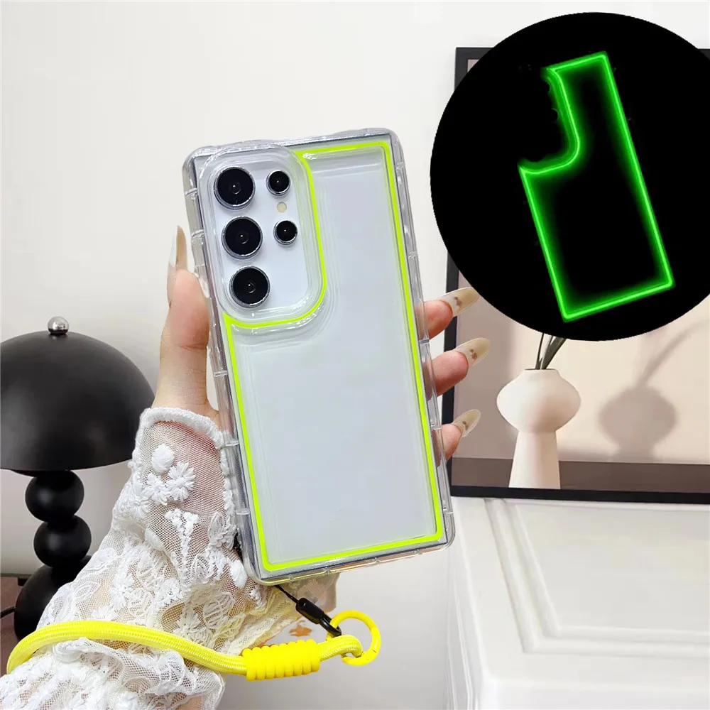 Night Light Luminous Silicone Case For iPhone 16 15 14 13 11 12 Pro Max Plus Soft Fluorescent Shockproof Cover With Wrist Strap