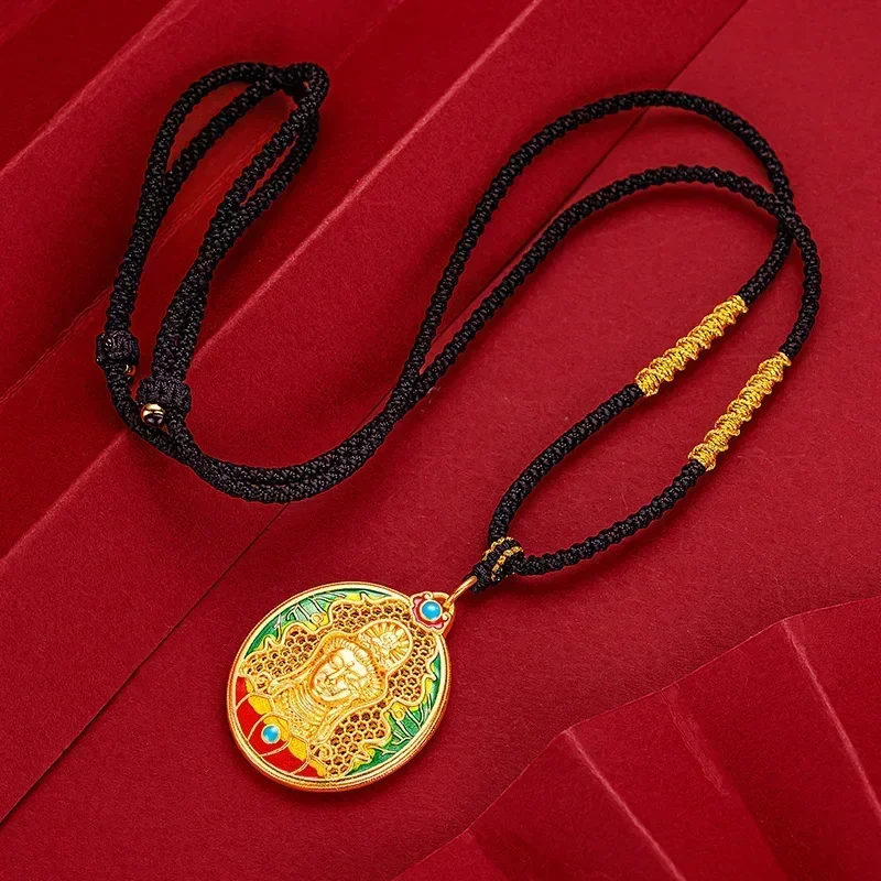 

9999 Real Gold 24K Ancient Method Burnt Blue Guanyin Pendant, Enamel Color Male and Female Natal Buddha Pendant Necklace
