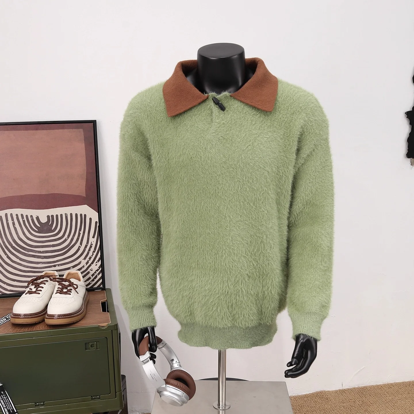 

American Retro Cleanfit Color Blo Collar Men's Knitted Sweater Autumn Winter Lazy Sle High End Feeling Loose Fit Top