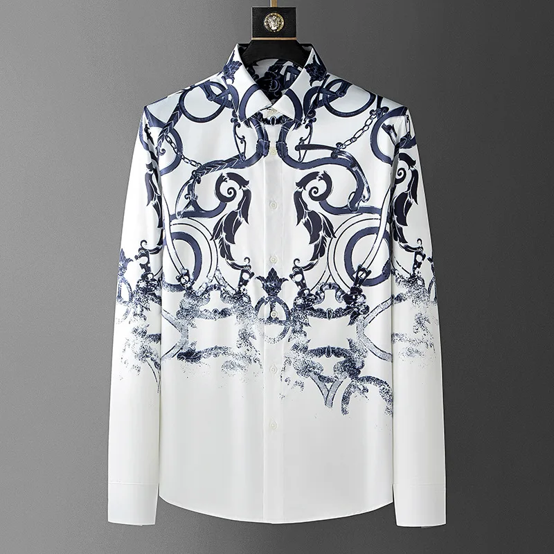 2025 Luxury Court Style Printed Men's Shirt Silk Long Sleeved Casual Business Dress Shirt Banquet Party Stage Performance