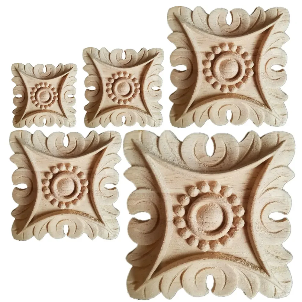 5/6/8/10/15cm Exquisite Classic Rubber Wood Carved Applique Furniture Natural Square Decal Home Decoration Accessories Ornaments
