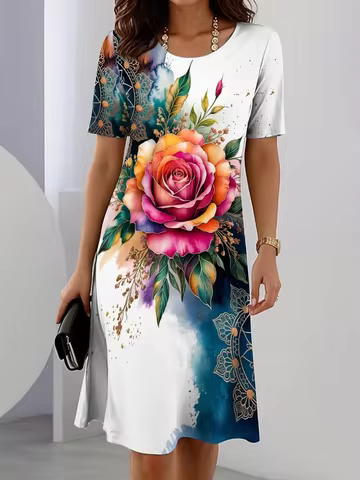 Women's Elegant Party Evening Midi Dress Crew Neck Short Sleeve Shift Dress Summer Dress Casual Daily Regular Fit Floral Graphic