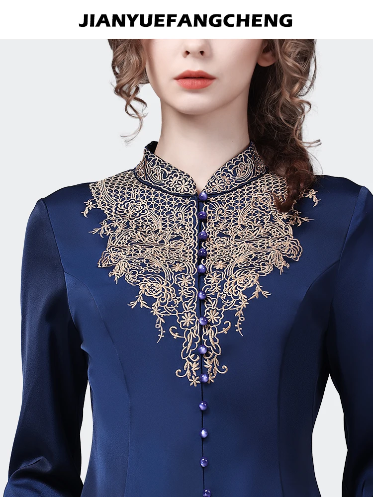 Luxury Embroidered Ladies Blue Satin Blouse 2024 Spring Summer Long Sleeve Tops Vintage Elegant Slim Cinched Waist Shirts