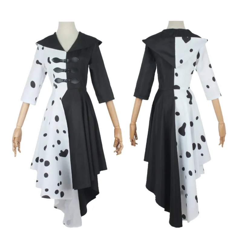Menina filmes cruella cosplay traje peruca adulto feminino vestido halloween 101 dálmatas preto branco roupas