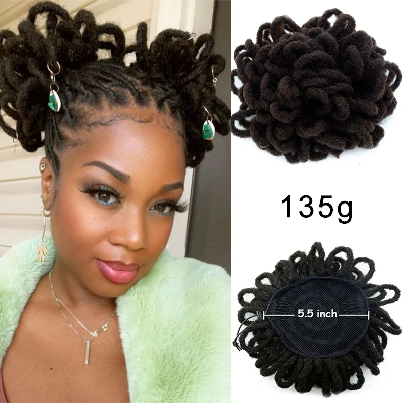 

Коричневый Loc Bun Faux Locs Ponytail Drawstring Buns for Black Women Curly Dreadlock Ponytail Afro Braided Locs Clip in on Hairpiece