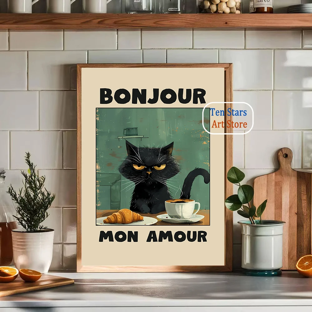لو تشات نوير جرين بونجور مون أمور عمل فني مضحك القط الأسود الإفطار المشارك حائط لوح رسم صور ديكور مطبخ المنزل #4